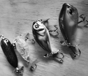 Some of the author’s favourite topwater lures at the moment, from left: Crazy Fizzer, Megabass Baby Griffon Zero, Bassday Bubble Crank and Bassday Bustle. 